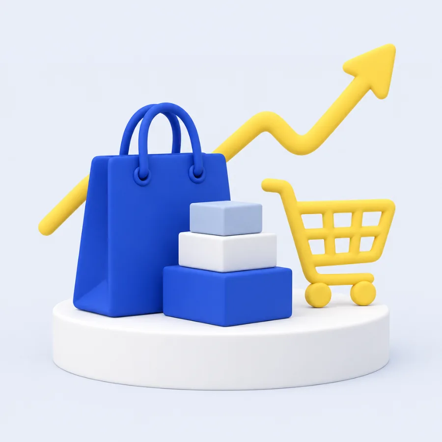 Illustration of a shopping bag, product boxes and cart with a rising sales arrow