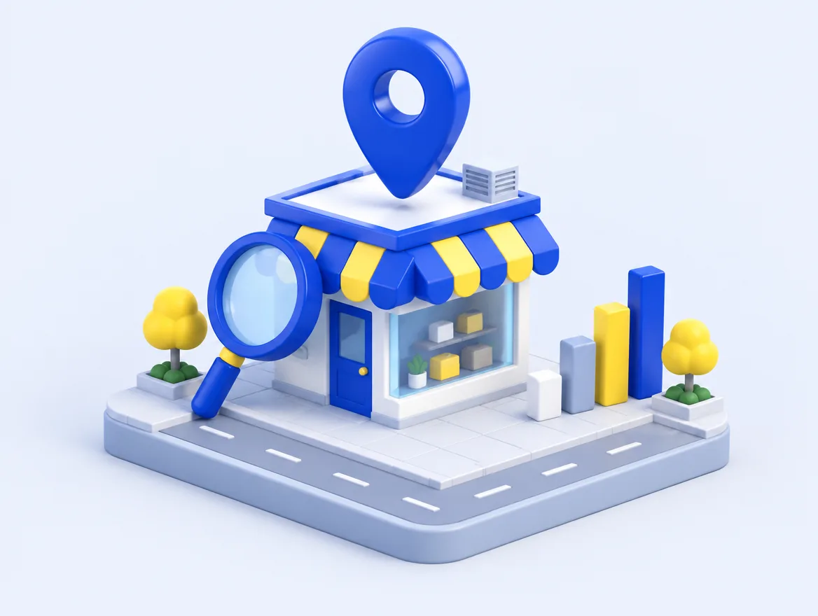 Illustration of a small shop with a map pin, magnifying glass and rising bar chart